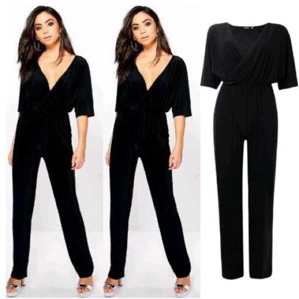 boohoo hannah wrap front jumpsuit black us4